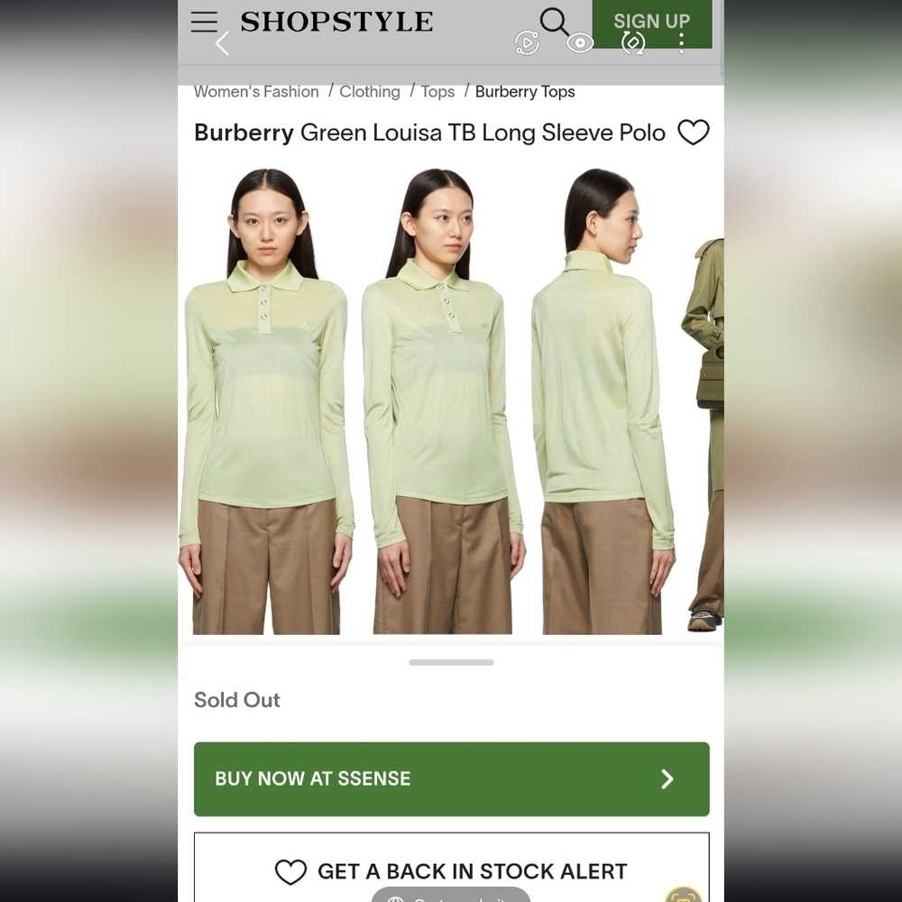 Burberry Women's  Louisa TB Logo Long Sleeve Polo Shirt Mist Green Size Large